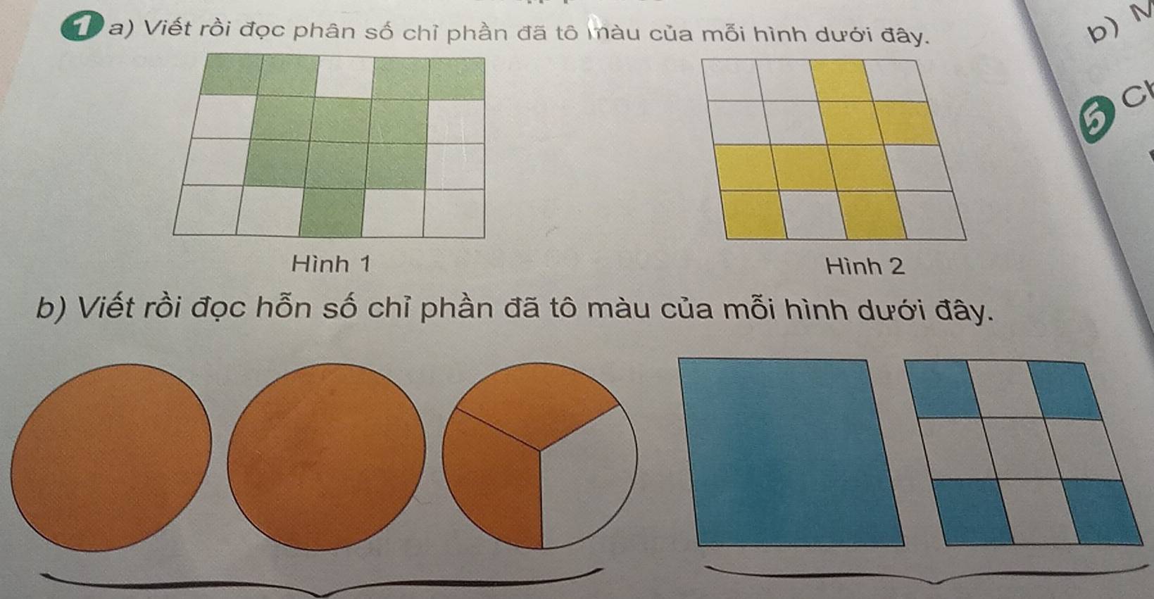 Th a) Viết rồi đọc phân số chỉ phần đã tô màu của mỗi hình dưới đây. 
b) N 
C 
Hình 1 Hình 2
b) Viết rồi đọc hỗn số chỉ phần đã tô màu của mỗi hình dưới đây.