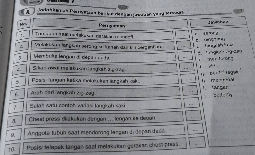 A Jodohkanlah Pernyataan berikut dengan jawaban yang tersedia.
No.
Jawaban
Pernyataan
1. Tumpuan saat melakukan gerakan roundoff.
_… a. serong
b. pinggang
2. Melakukan langkah serong ke kanan dan kiri bergantian. _… c. langkah kaki
d. langkah zig-zag
3. Membuka lengan di depan dada.
…._
e. mendorong
4. Sikap awal melakukan langkah zig-zag.
… f. kiri
g. berdiri tegak
…
5. Posisi tangan ketika melakukan langkah kaki. _h. mengepal
i. tangan
6. Arah dari langkah zig-zag.
_…
j. butterfly
7. Salah satu contoh variasi langkah kaki.
_…
8. Chest press dilakukan dengan ... lengan ke depan.
_
9. Anggota tubuh saat mendorong lengan di depan dada.
_
10. Posisi telapak tangan saat melakukan gerakan chest press.
_