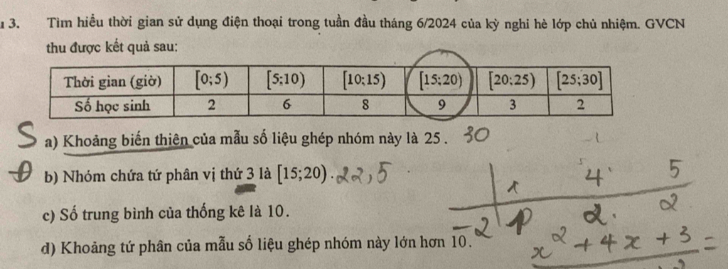 1 3. Tìm hiều thời gian sử dụng điện thoại trong tuần đầu tháng 6/2024 của kỳ nghi hè lớp chủ nhiệm. GVCN
thu được kết quả sau:
a) Khoảng biến thiên của mẫu số liệu ghép nhóm này là 25 .
b) Nhóm chứa tứ phân vị thứ 3 là [15;20).
c) Số trung bình của thống kê là 10.
d) Khoảng tứ phân của mẫu số liệu ghép nhóm này lớn hơn 10.