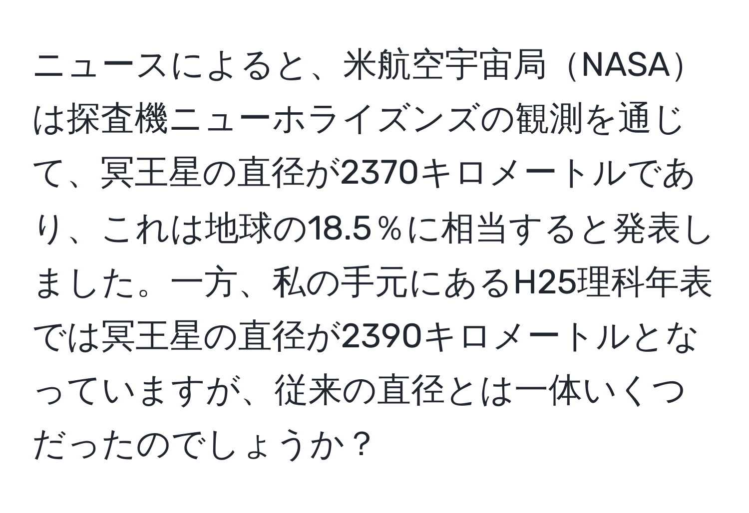 ニュースによると、米航空宇宙局NASAは探査機ニューホライズンズの観測を通じて、冥王星の直径が2370キロメートルであり、これは地球の18.5％に相当すると発表しました。一方、私の手元にあるH25理科年表では冥王星の直径が2390キロメートルとなっていますが、従来の直径とは一体いくつだったのでしょうか？