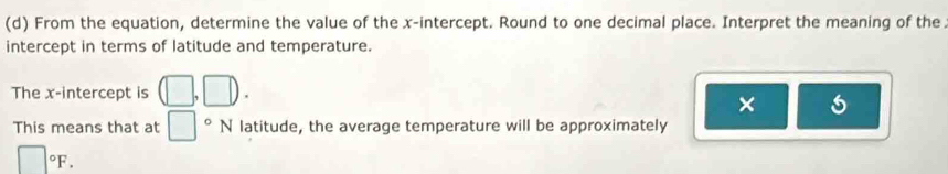 From the equation, determine the value of the x-intercept. Round to one decimal place. Interpret the meaning of the. 
intercept in terms of latitude and temperature. 
The x-intercept is (□ ,□ ). 
× 
This means that at □°N latitude, the average temperature will be approximately
□°F.