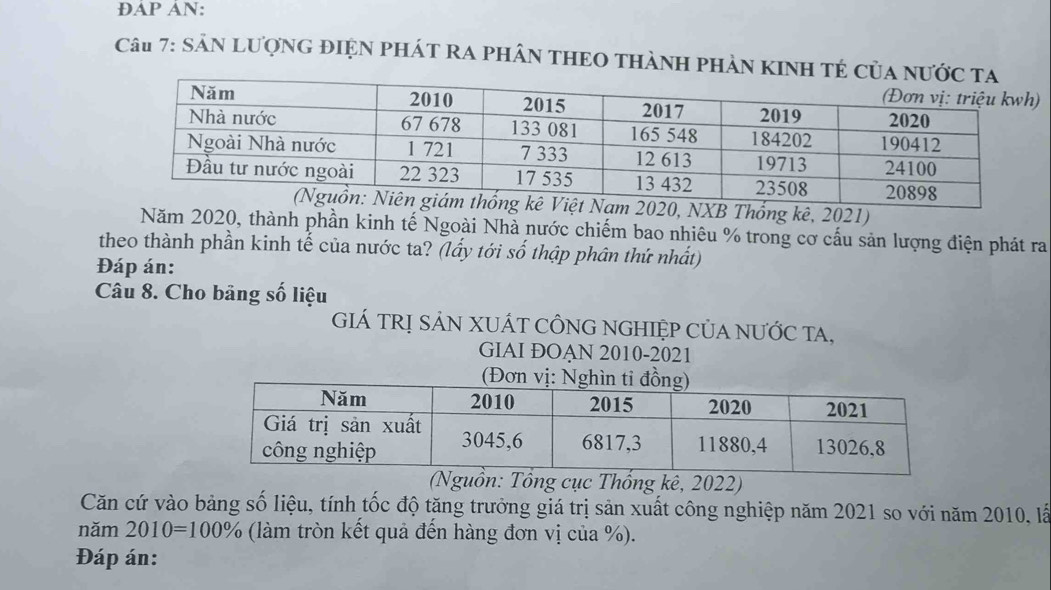 ĐAP AN: 
Câ# 7: SảN LượNG đIỆN PHÁT RA PHÂN THEO THÀNH PHảN KINH TÉ 
g kê Việt Nam 2020, NXB Thống kê, 2021) 
Năm 2020, thành phần kinh tế Ngoài Nhà nước chiếm bao nhiêu % trong cơ cấu sản lượng điện phát ra 
theo thành phần kinh tế của nước ta? (lấy tới số thập phân thứ nhất) 
Đáp án: 
Câu 8. Cho bảng số liệu 
GIÁ TRỊ SẢN XUÁT CÔNG NGHIỆP CủA NƯỚC TA, 
GIAI ĐOẠN 2010-2021 
Nguồn: Tổng cục Thống kê, 2022) 
Căn cứ vào bảng số liệu, tính tốc độ tăng trưởng giá trị sản xuất công nghiệp năm 2021 so với năm 2010, là 
năm 2010=100% (làm tròn kết quả đến hàng đơn vị của %). 
Đáp án: