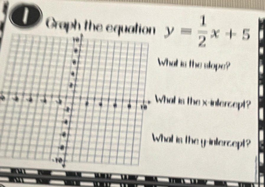 Graph the equa y= 1/2 x+5
hat is the slope? 

at is the x-intercept? 
at is the y -interzept?