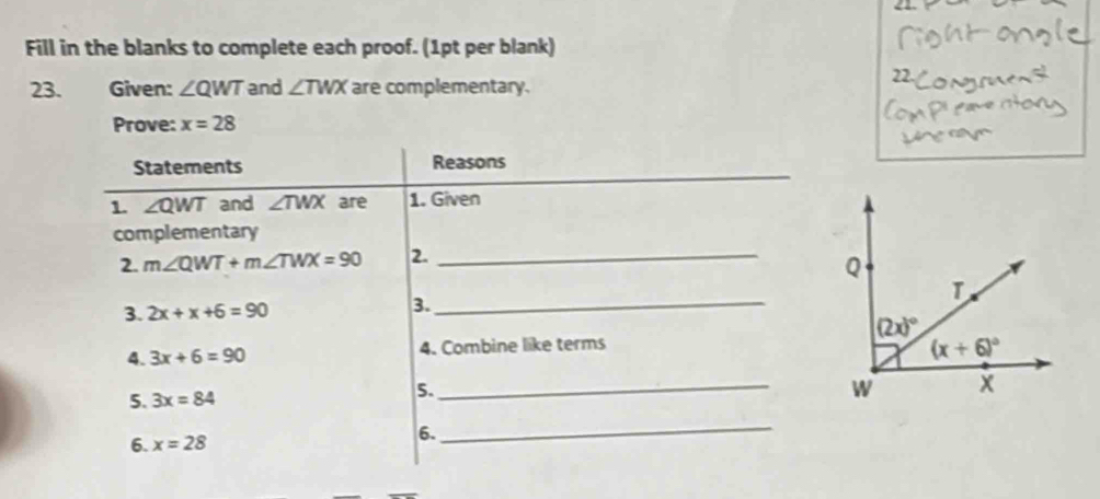 Fill in the blanks to complete each proof. (1pt per blank)
22
23. Given: ∠ QWT and ∠ TWX are complementary.
Prove: x=28
Statements Reasons
1. ∠ QWT and ∠ TWX are 1. Given
complementary
2. m∠ QWT+m∠ TWX=90 2._
3. 2x+x+6=90 3._ 
4. 3x+6=90 4. Combine like terms
5. 3x=84
5.
_W
6. x=28
6.
_