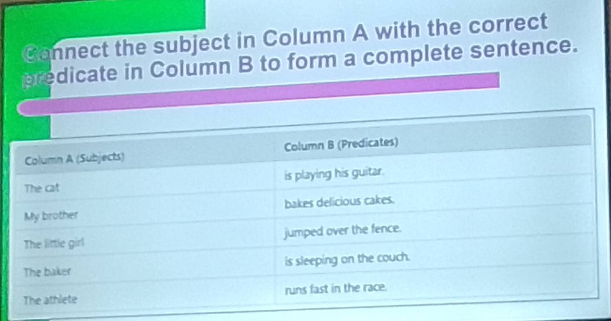 Connect the subject in Column A with the correct 
predicate in Column B to form a complete sentence.