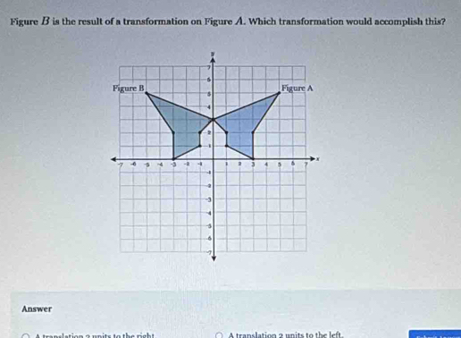 Figure B is the result of a transformation on Figure A. Which transformation would accomplish this? 
Answer 
A translation a units to the left