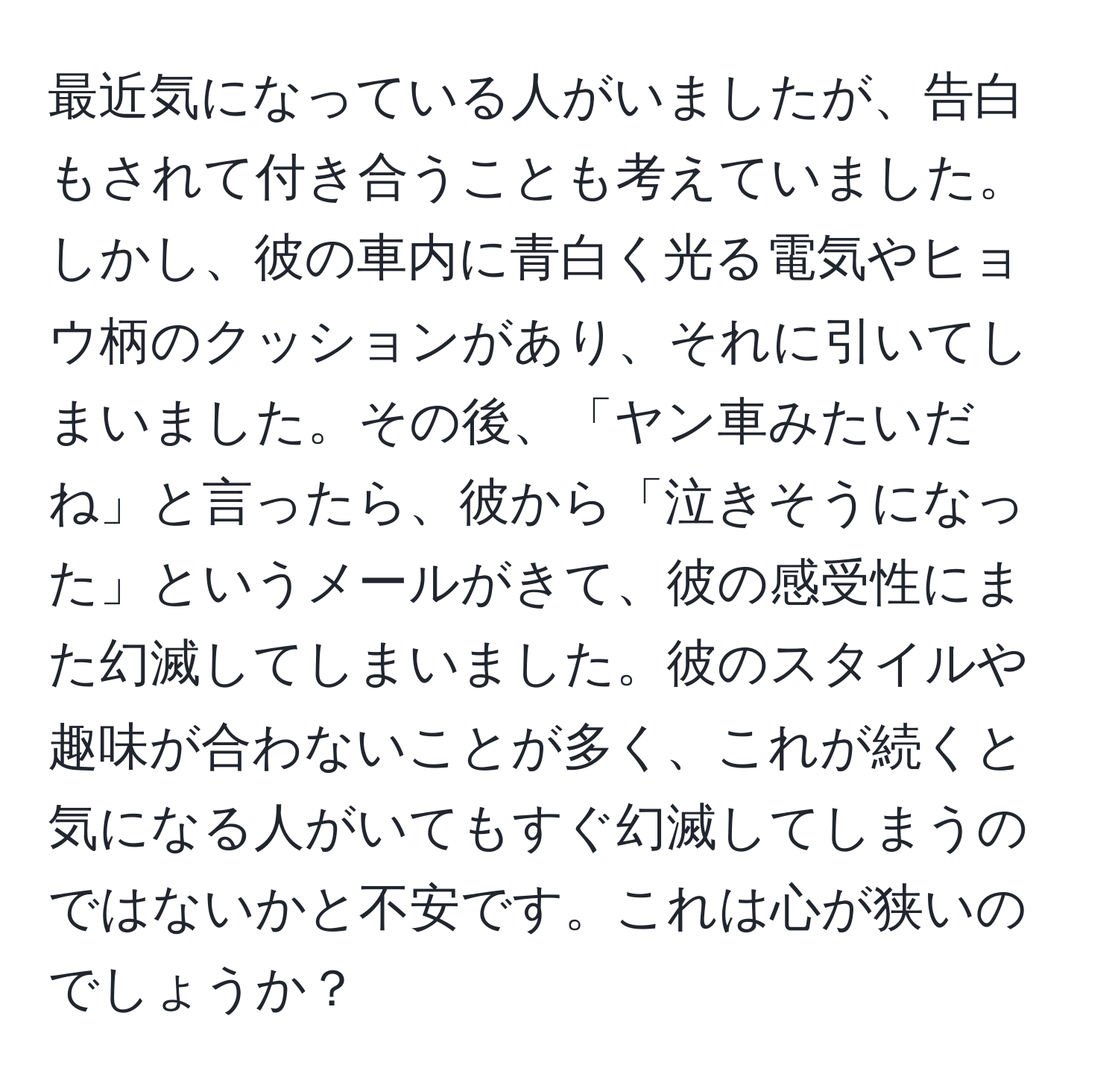 最近気になっている人がいましたが、告白もされて付き合うことも考えていました。しかし、彼の車内に青白く光る電気やヒョウ柄のクッションがあり、それに引いてしまいました。その後、「ヤン車みたいだね」と言ったら、彼から「泣きそうになった」というメールがきて、彼の感受性にまた幻滅してしまいました。彼のスタイルや趣味が合わないことが多く、これが続くと気になる人がいてもすぐ幻滅してしまうのではないかと不安です。これは心が狭いのでしょうか？