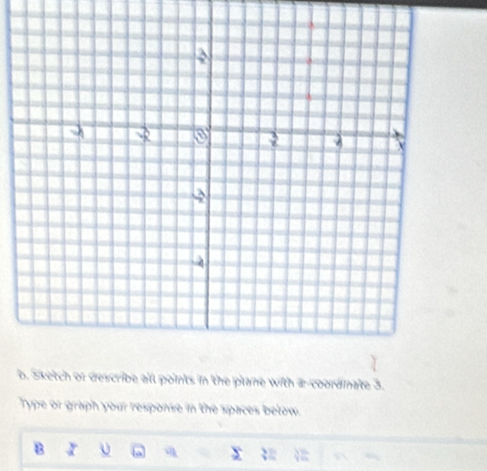 Sketch or describe all points in the plane with a-coordinate 3. 
Type or graph your response in the spaces below. 
B υ x 