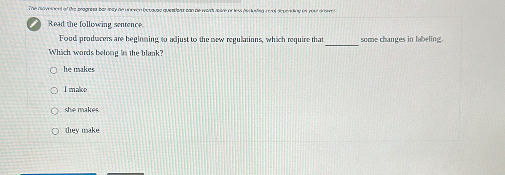 The movement of the progress bar may be uneven because questions can be worth more or less (including zero) depending on your answer.
Read the following sentence.
_
Food producers are beginning to adjust to the new regulations, which require that some changes in labeling.
Which words belong in the blank?
he makes
I make
she makes
they make