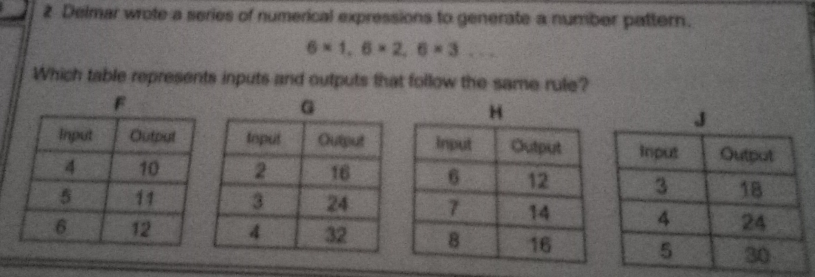 Delmar wrote a series of numerical expressions to generate a number pattern. 
_ 6* 1, 6* 2, 6* 3
Which table represents inputs and outputs that follow the same rule?