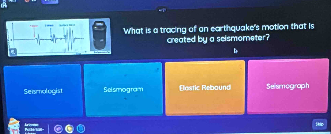 What is a tracing of an earthquake's motion that is
created by a seismometer?
a
Seismologist Seismogram Elastic Rebound Seismograph
Arianna
Skip
Patterso