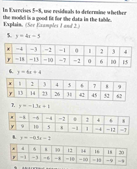 In Exercises 5-8, use residuals to determine whether 
the model is a good fit for the data in the table. 
Explain. (See Examples 1 and 2.) 
5. y=4x-5
6. y=6x+4
7. y=-1.3x+1
8. y=-0.5x-2