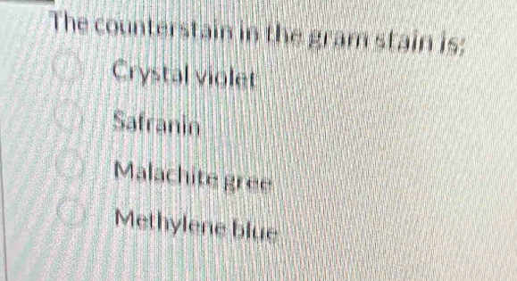 The counterstain in the gram stain is;
Crystal violet
Safranin
Malachite gree
Methylene blue