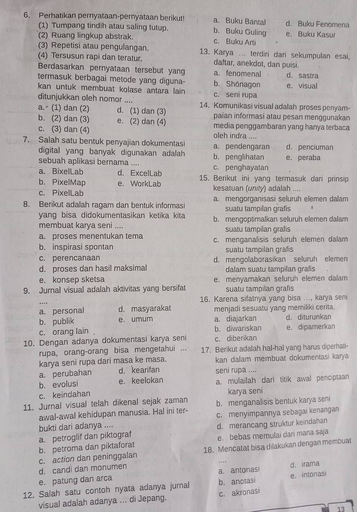 Perhatikan pernyataan-pernyataan berikut! a. Buku Bantal d. Buku Fenomena
(1) Tumpang tindih atau saling tutup.
b. Buku Guling e. Buku Kasur
(2) Ruang lingkup abstrak. c. Buku Arti
(3) Repetisi atau pengulangan. 13. Karya ... terdiri dari sekumpulan esai,
(4) Tersusun rapi dan teratur. daftar, anekdot, dan puisi.
Berdasarkan pernyataan tersebut yan a. fenomenal d. sastra
termasuk berbagai metode yang diguna- b. Shōnagon e. visual
kan untuk membuat kolase antara lain c. seni rupa
ditunjukkan oleh nomor ....
14. Komunikasi visual adalah proses penyam-
a. (1) dan (2) d. (1) dan (3)
paian informasi atau pesan menggunakan
b. (2) dan (3) e. (2) dan (4)
media penggambaran yang hanya terbaca
c. (3) dan (4) oleh indra ....
7. Salah satu bentuk penyajian dokumentasi a. pendengaran d. penciuman
digital yang banyak digunakan adalah b. penglihatan e. peraba
sebuah aplikasi bernama ....
c. penghayatan
a. BixelLab d. ExcelLab
15. Berikut ini yang termasuk dari prinsip
b. PixelMap e. WorkLab
c. PixelLab
kesatuan (unity) adalah …
a. mengorganisasi seluruh elemen dalam
8. Berikut adalah ragam dan bentuk informasi
suatu tampilan grafis 4
yang bisa didokumentasikan ketika kita b. mengoptimalkan seluruh elemen dalam
membuat karya seni ....
suatu tampilan grafis
a. proses menentukan tema
c. menganalisis seluruh elemen dalam
b. inspirasi spontan suatu tampilan grafis
c. perencanaan d. mengolaborasikan seluruh elemen
d. proses dan hasil maksimal dalam suatu tampilan grafis
e. konsep sketsa e. menyamakan seluruh elemen dalam
9. Jurnal visual adalah aktivitas yang bersifat suatu tampilan grafis
16. Karena sifatnya yang bisa ..., karya seni
a. personal d. masyarakat menjadi sesuatu yang memiliki cerita.
b. publik e. umum a. diajarkan d. diturunkan
c. orang lain b. diwariskan e. dipamerkan
10. Dengan adanya dokumentasi karya seni c. diberikan
rupa, orang-orang bisa mengetahui …. 17. Berikut adalah hal-hal yang harus diperhati-
karya seni rupa dari masa ke masa. kan dalam membuat dokumentasi karya
a. perubahan d. kearifan seni rupa ....
b. evolusi e. keelokan
a. mulailah dari titik awal penciptaan
c. keindahan
karya seni
11. Jurnal visual telah dikenal sejak zaman b. menganalisis bentuk karya seni
c. menyimpannya sebagai kenangan
awal-awal kehidupan manusia. Hal ini ter-
bukti dari adanya ....
a. petroglif dan piktograf d. merancang struktur keindahan
b. petroma dan piktaforat e. bebas memulai dari mana saja
c. action dan peninggalan 18. Mencatat bisa dilakukan dengan membuat
….
d. candi dan monumen
e. patung dan arca a. antonasi d. irama
12. Salah satu contoh nyata adanya jurnal b. anotasi e. intonasi
c. akronasi
visual adalah adanya ... di Jepang.
13