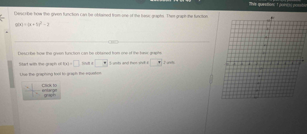 This question: 1 point(s) possible 
Describe how the given function can be obtained from one of the basic graphs. Then graph the function
g(x)=(x+5)^2-2
Describe how the given function can be obtained from one of the basic graphs 
Start with the graph of f(x)=□ Shift it 5 units and then shift it □ 2 units 
Use the graphing tool to graph the equation. 
Click to 
enlarge graph