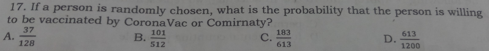 If a person is randomly chosen, what is the probability that the person is willing
to be vaccinated by CoronaVac or Comirnaty?
A.  37/128   101/512   183/613   613/1200 
B.
C.
D.