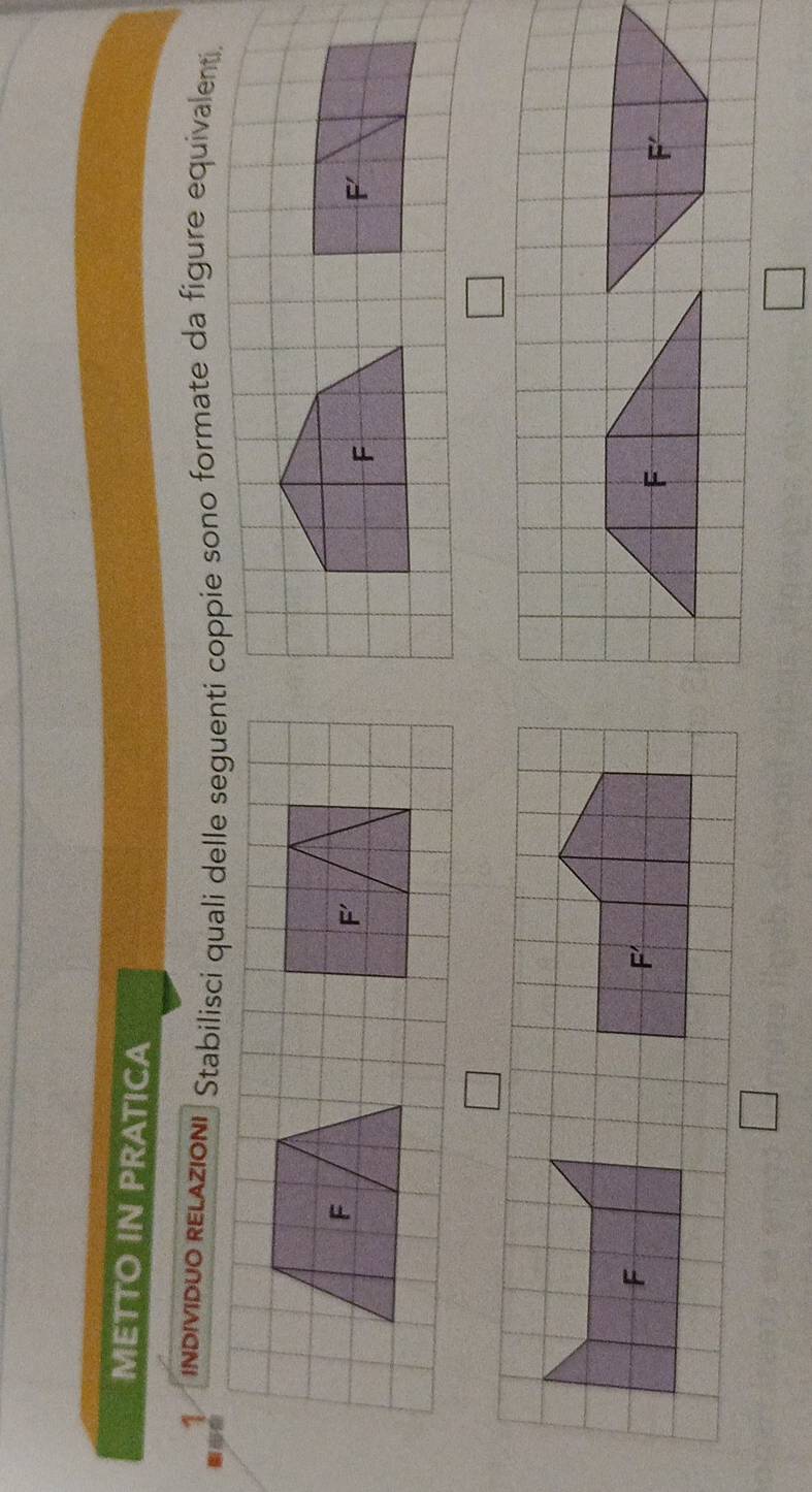 METTO IN PRATICA 
1 INDIVIDUO RELAZIONI Stabilisci quali delle seguenti coppie sono formate da figure equivalent.
F
F'
F
a F'
F
F'
F
F'