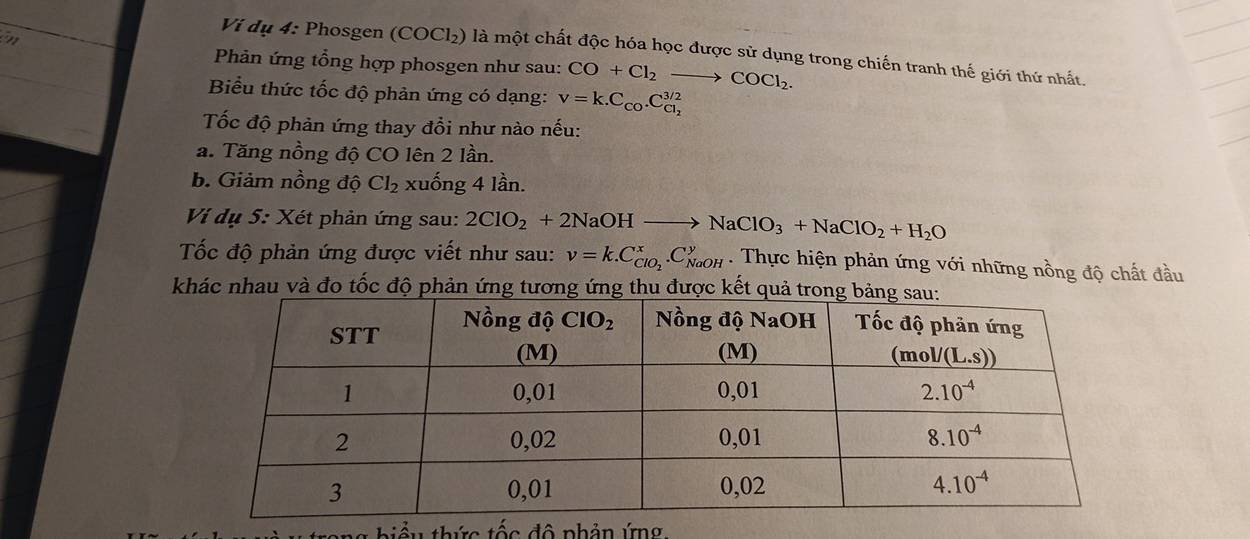 in
Ví dụ 4: Phosgen (COCl_2) là là một chất độc hóa học được sử dụng trong chiến tranh thế giới thứ nhất.
Phản ứng tổng hợp phosgen như sau: CO+Cl_2to COCl_2.
Biểu thức tốc độ phản ứng có dạng: v=k.C_Co.C_Cl_2^3/2
Tốc độ phản ứng thay đổi như nào nếu:
a. Tăng nồng độ CO lên 2 lần.
b. Giảm nồng độ Cl_2 xuống 4 lần.
Ví dụ 5: Xét phản ứng sau: 2ClO_2+2NaOHto NaClO_3+NaClO_2+H_2O
Tốc độ phản ứng được viết như sau: v=k.C_ClO_2^x.C_(NaOH)^y. Thực hiện phản ứng với những nồng độ chất đầu
khác nhau và đo tốc độ phản ứng tương ứng thu được kết quả tro
hiểu thức tốc đô phản ứng