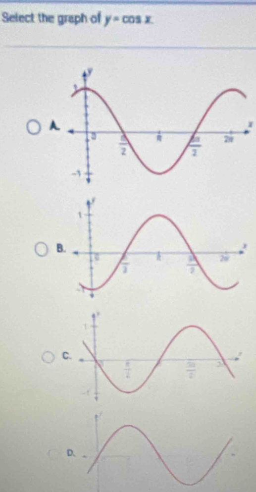 Select the graph of y=cos x.
A
B.
C