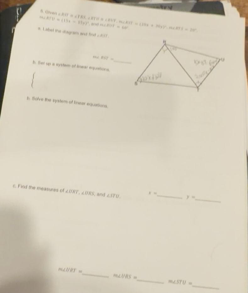Solved: Given ∠ RST≌ ∠ TRS, ∠ RTU≌ ∠ RUT, m∠ RST=(20x+30y)^circ , m∠ ...
