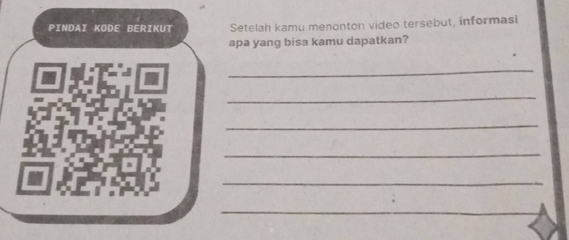 PINDAI KODE BERIKUT 
Setelah kamu menonton video tersebut, informasi 
apa yang bisa kamu dapatkan? 
_ 
_ 
_ 
_ 
_ 
_