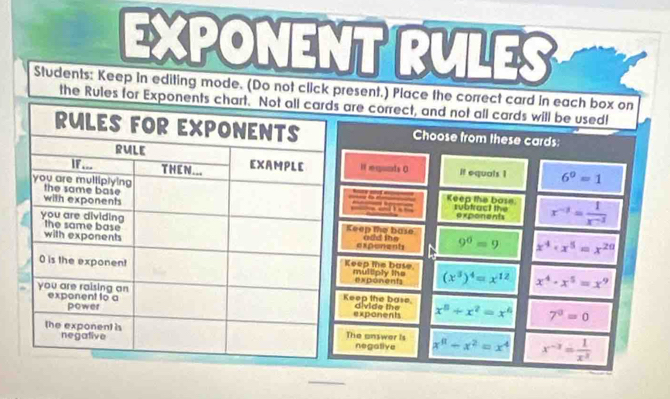 EXPONENT RULES
Students: Keep In editing mode. (Do not click present.) Place the correct card in each box on
the Rules for Exponents ch are correct, and not all cards will be used!
Choose from these cards:
H equnts 0 if equals 1 6^0=1
Keep the bose subfract the x^(x^-1)= 1/x^(-3)  

n sd n exponents
Keep the base odd the 9^6=9 x^4· x^5=x^(20)
exponenb
Keep the base
multply the exponents (x^3)^4=x^(12) x^4· x^5=x 9
Keep the base x^8+x^2=x^4 7^a=0
exponents divide the
The answer is x^9-x^2=x^4 x^(-2)= 1/x^2 
negative