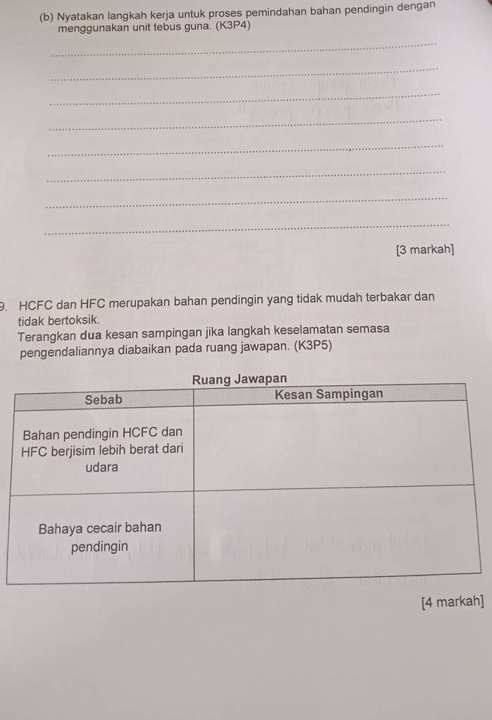 Nyatakan langkah kerja untuk proses pemindahan bahan pendingin dengan 
menggunakan unit tebus guna. (K3P4) 
_ 
_ 
_ 
_ 
_ 
_ 
_ 
_ 
[3 markah] 
. HCFC dan HFC merupakan bahan pendingin yang tidak mudah terbakar dan 
tidak bertoksik. 
Terangkan dua kesan sampingan jika langkah keselamatan semasa 
pengendaliannya diabaikan pada ruang jawapan. (K3P5) 
[4 markah]