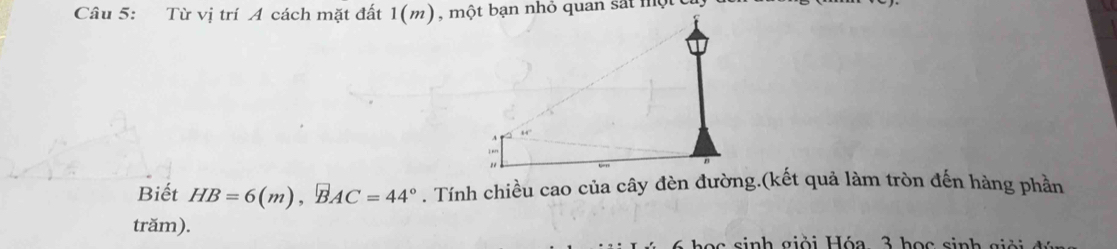 Từ vị trí A cách mặt đất 1(m), một bạn nhỏ quan sát một t 
Biết HB=6(m), BAC=44°. Tính chiều cao của cây đèn đường.(kết quả làm tròn đến hàng phần 
trăm). 
a sinh giỏi Hóa 3 học sinh gi ả i