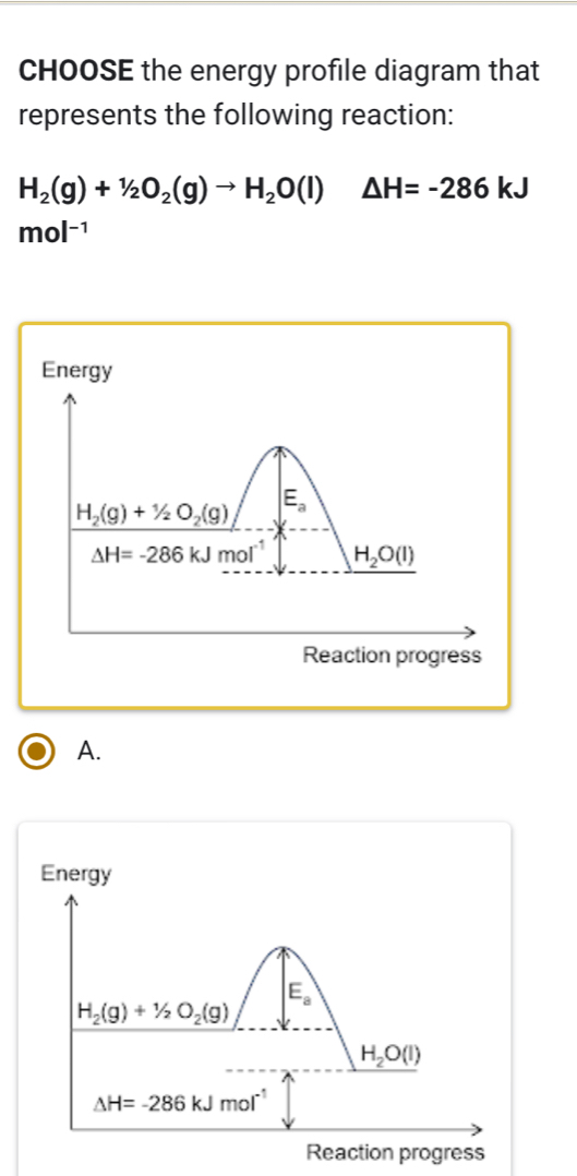 CHOOSE the energy profile diagram that
represents the following reaction:
H_2(g)+1/2O_2(g)to H_2O(l) △ H=-286kJ
mol^(-1)
A.
Energy
E_a
H_2(g)+1/2O_2(g)
H_2O(l)
△ H=-286kJmol^(-1)
Reaction progress