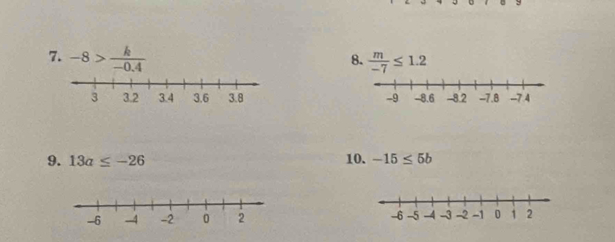 -8> k/-0.4 
8.  m/-7 ≤ 1.2

9. 13a≤ -26 10. -15≤ 5b