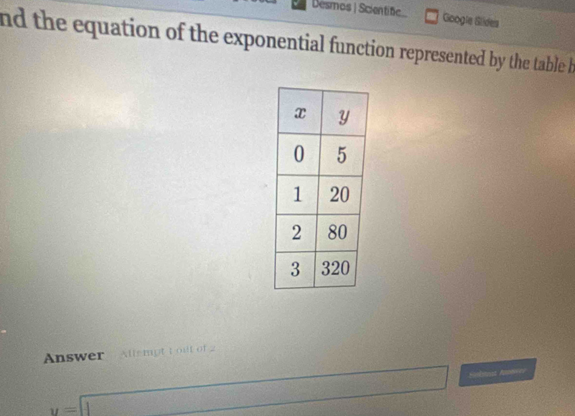 Desmos | Scientifc Googie Glides 
nd the equation of the exponential function represented by the table h 
Answer Allempt t out of 2
y=□ Stalitens fammies