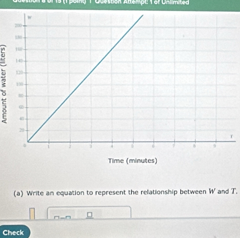 or 15 (1 poiny) 1 Question Attempt: 1 of Uniimited 
T 
(a) Write an equation to represent the relationship between W and T. 
Check