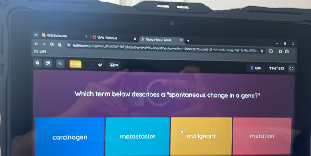 OCPS Dashboard ② 03/01 · Quizzes 2 O Playing a Game - Quizizz
×
quiziz.com/join/game/U2FsdGVkX18R7YeMy0oQqWEYveJVIvuEKKghOCxBIAnqvnszthj6iHiDO2IC6MWhczO%252FfViKm%252Fhu0gUPQaT82A%253D%2... ☆
CG OCP8
a Streak 01 22/41
) 06th 9947 1293
Which term below describes a'' "spontaneous change in a gene?"
carcinogen metastasize malignant mutation