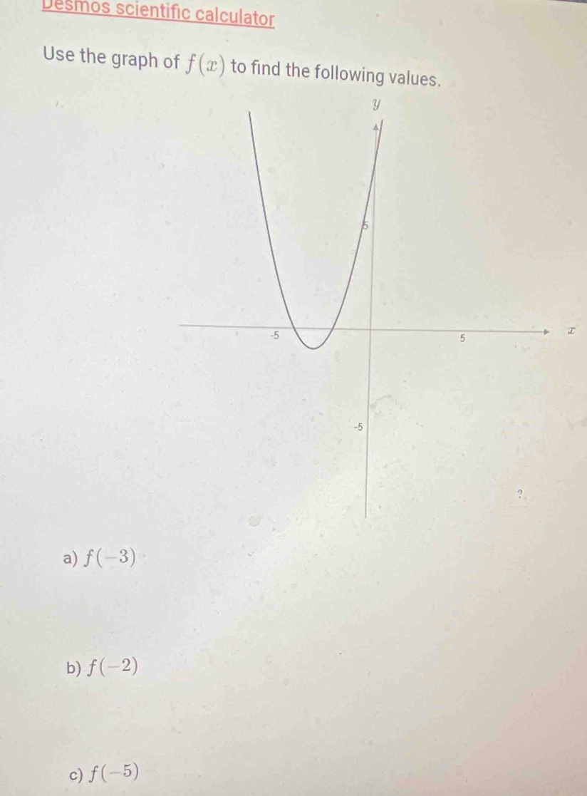 Desmos scientific calculator 
Use the graph of f(x) to find the following values.
x
a) f(-3)
b) f(-2)
c) f(-5)