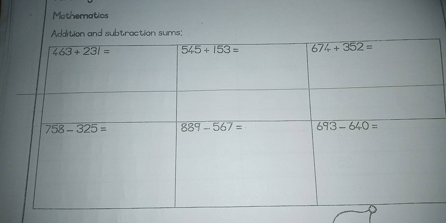 Mathematics
Addition and subtraction sums: