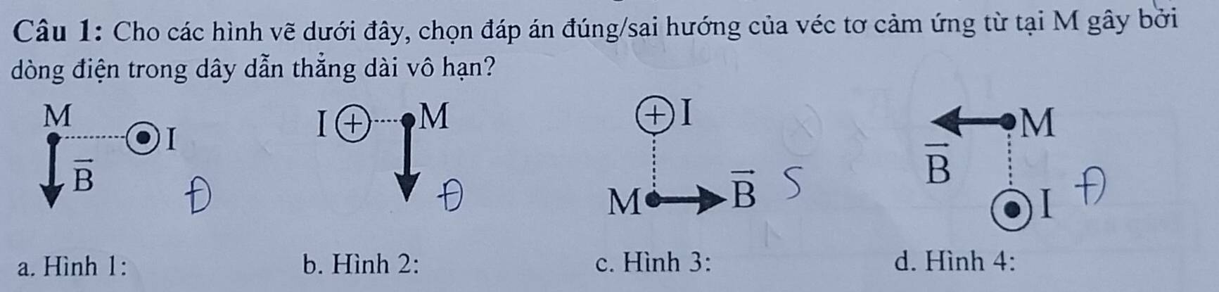 Cho các hình vẽ dưới đây, chọn đáp án đúng/sai hướng của véc tơ cảm ứng từ tại M gây bởi
dòng điện trong dây dẫn thẳng dài vô hạn?
M
+ I
I
M
vector B
vector B
M
vector B
I
a. Hình 1: b. Hình 2: c. Hình 3: d. Hình 4: