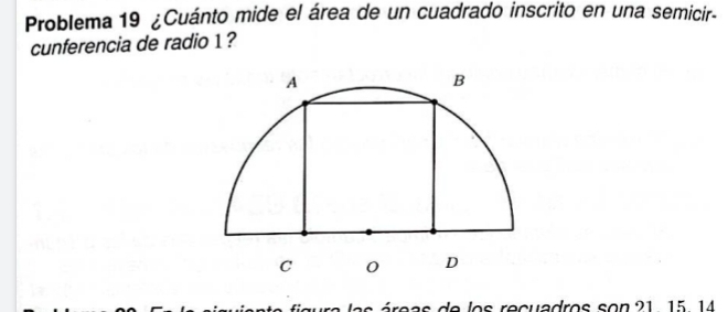 Problema 19 ¿Cuánto mide el área de un cuadrado inscrito en una semicir- 
cunferencia de radio 1 ? 
es as de l os recuadros so n 2 1 . 1 5 . 14