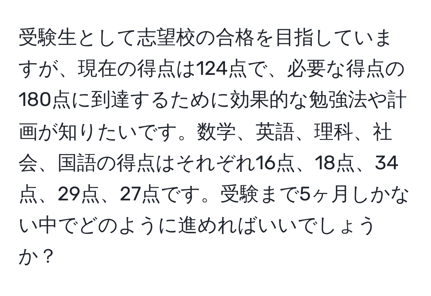 受験生として志望校の合格を目指していますが、現在の得点は124点で、必要な得点の180点に到達するために効果的な勉強法や計画が知りたいです。数学、英語、理科、社会、国語の得点はそれぞれ16点、18点、34点、29点、27点です。受験まで5ヶ月しかない中でどのように進めればいいでしょうか？