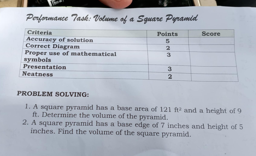 Solved: Performance Task: Volume of a Square Pyramid PROBLEM SOLVING: 1 ...