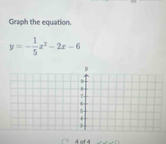 Graph the equation.
y=- 1/5 x^2-2x-6
4 of 4