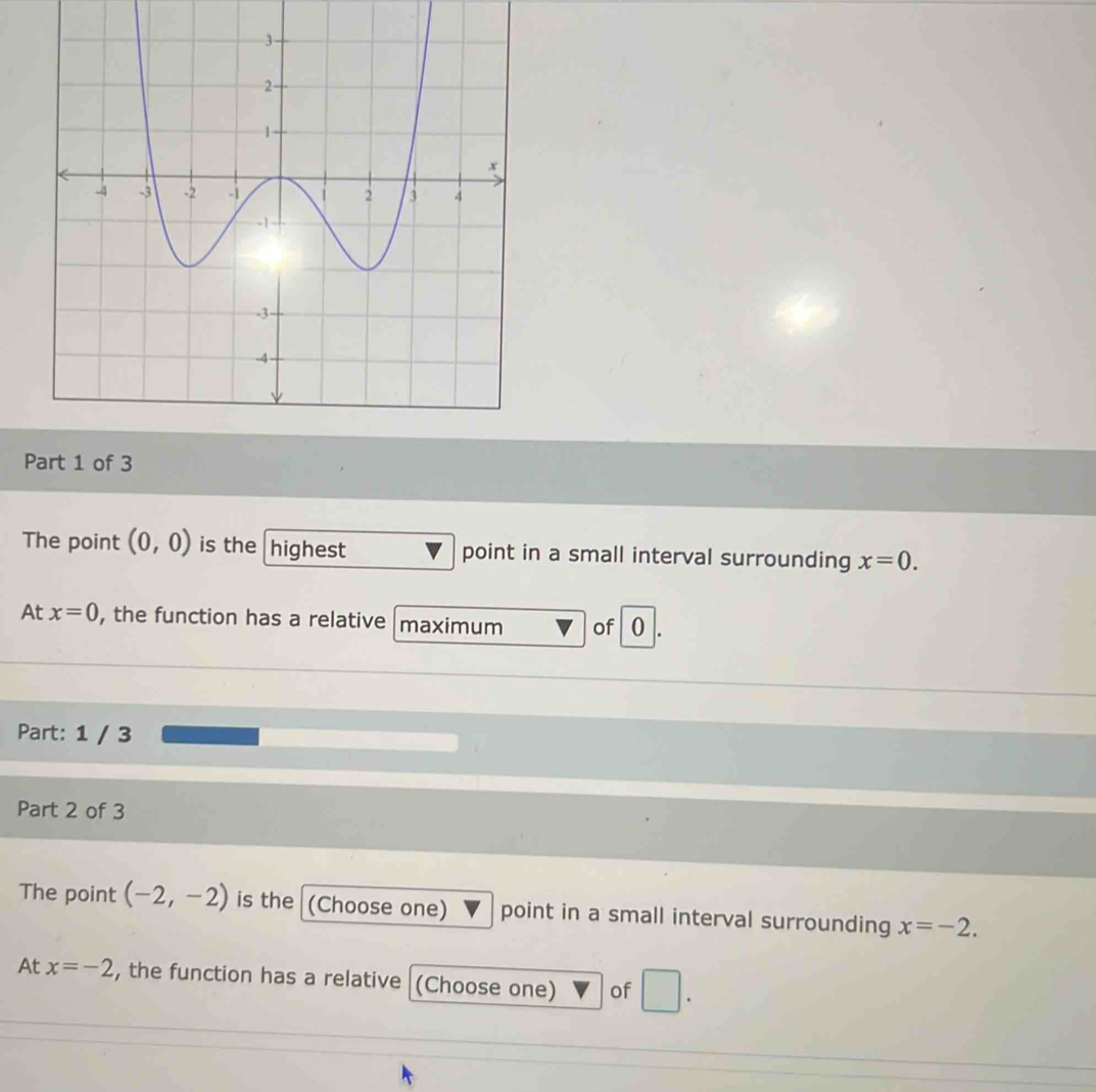 The point (0,0) is the highest point in a small interval surrounding x=0. 
At x=0 , the function has a relative maximum of 0
Part: 1 / 3 
Part 2 of 3 
The point (-2,-2) is the (Choose one) point in a small interval surrounding x=-2. 
At x=-2 , the function has a relative (Choose one) of □.