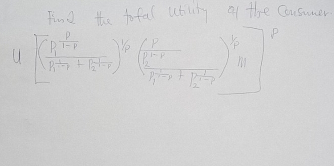 Find the tofal utity of the Consamer
u· [(frac P_1-rpi^2-r+1frac r2^2P)^1/p(frac p 1/pi^2-r )^1/p] P