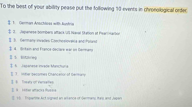 To the best of your ability pease put the following 10 events in chronological order. 
1. German Anschloss with Austria 
2. Japanese bombers attack US Naval Station at Pearl Harbor 
3. Germany invades Czechoslovakia and Poland 
4. Britain and France declare war on Germany 
5. Blitzkrieg 
6 Japanese invade Manchuria 
7. Hitler becomes Chancellor of Germany 
8. Treaty of Versailles 
9 Hitler attacks Russia 
10. Tripartite Act signed an alliance of Germany, Italy, and Japan