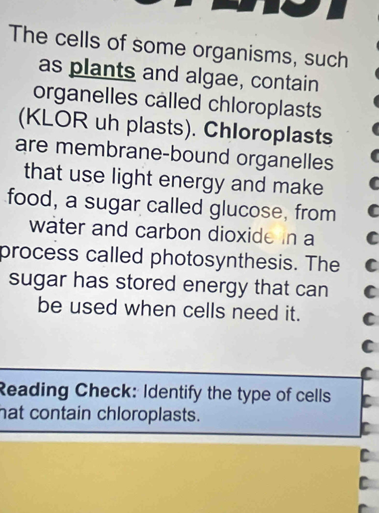 The cells of some organisms, such 
as plants and algae, contain 
organelles called chloroplasts 
(KLOR uh plasts). Chloroplasts 
are membrane-bound organelles 
that use light energy and make 
food, a sugar called glucose, from 
water and carbon dioxide in a 
process called photosynthesis. The 
sugar has stored energy that can 
be used when cells need it. 
C 
Reading Check: Identify the type of cells 
hat contain chloroplasts. 
I