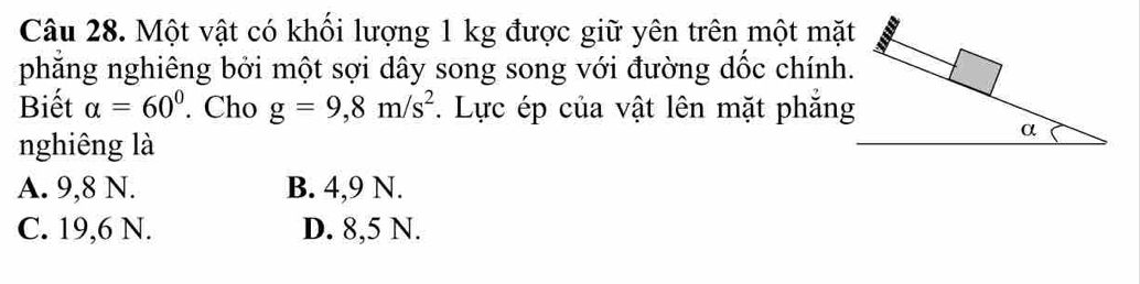 Một vật có khổi lượng 1 kg được giữ yên trên một mặt
phẳng nghiêng bởi một sợi dây song song với đường dốc chính.
Biết alpha =60°. Cho g=9,8m/s^2. Lực ép của vật lên mặt phăng
nghiêng là
A. 9,8 N. B. 4,9 N.
C. 19,6 N. D. 8,5 N.