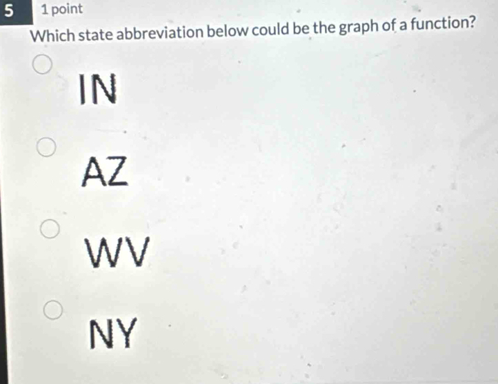 5 1 point
Which state abbreviation below could be the graph of a function?
IN
AZ
WV
NY