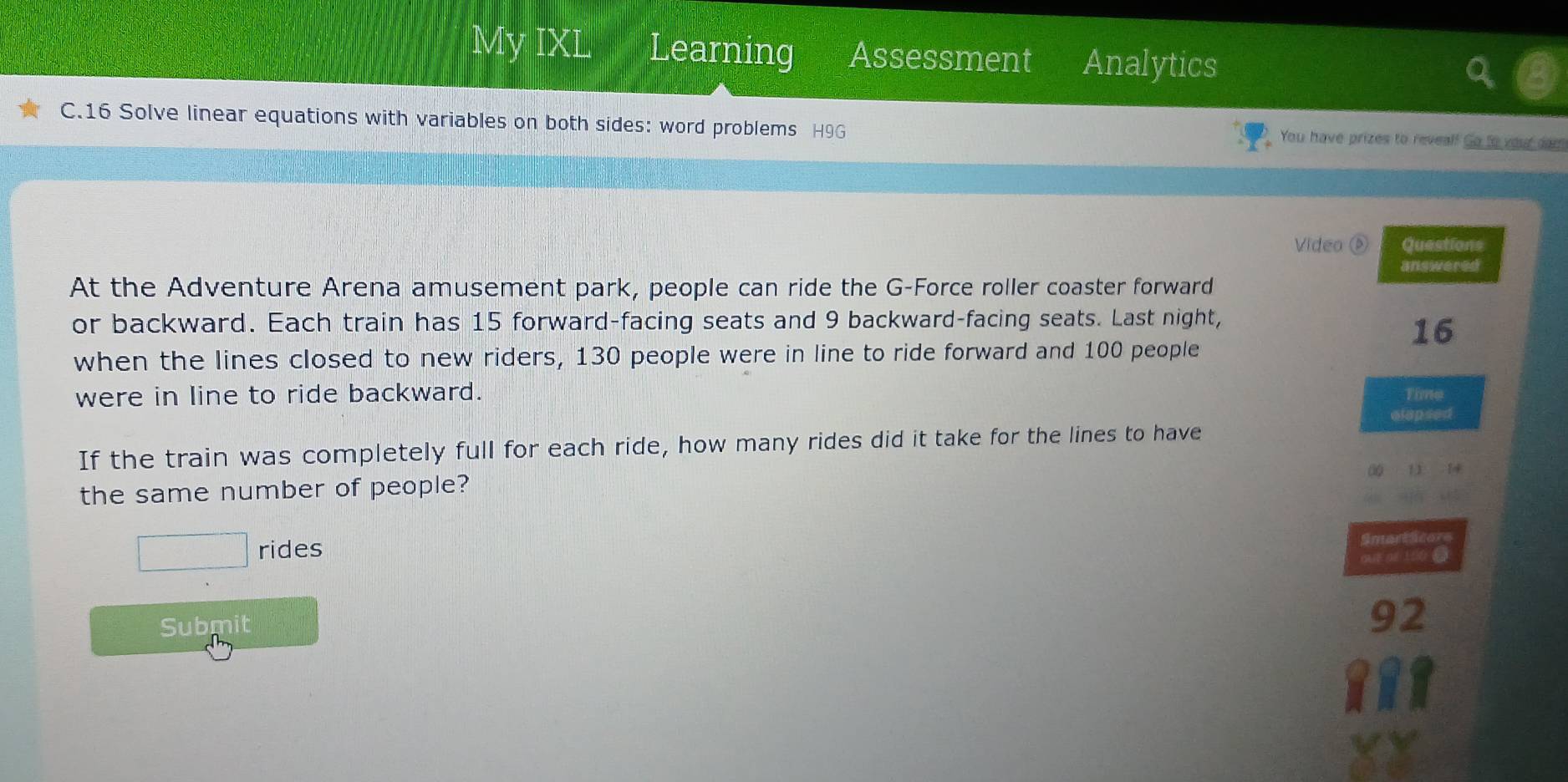 Solved: My IXL Learning Assessment Analytics C.16 Solve linear ...