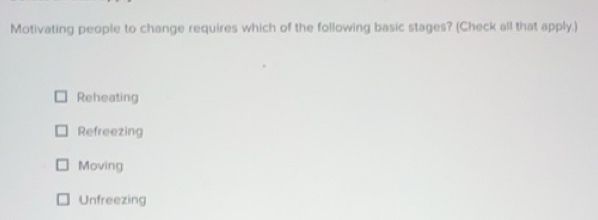 Solved: Motivating people to change requires which of the following ...