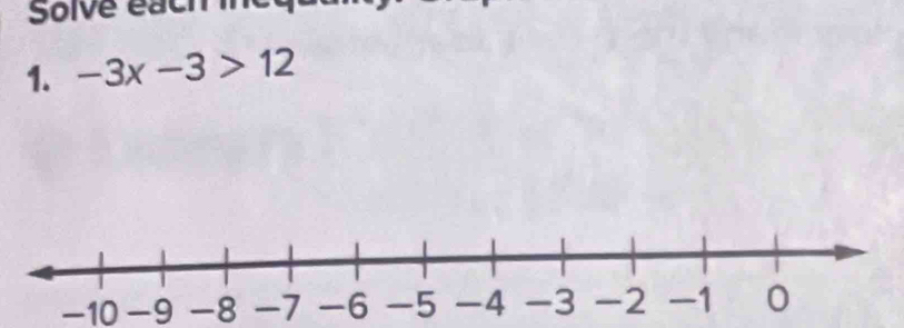 Solve each in 
1. -3x-3>12
-10 -9 -8