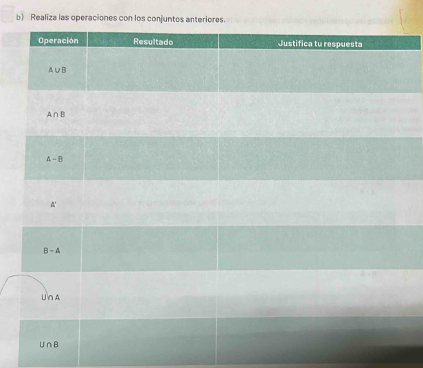 Realiza las operaciones con los conjuntos anteriores.